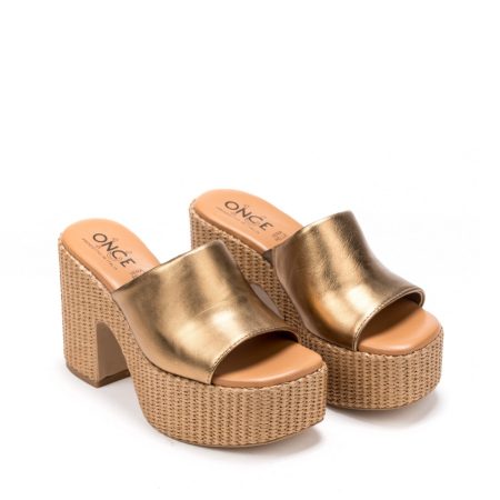 Ženske kožne papuče Once-80502 zlatne na štiklu